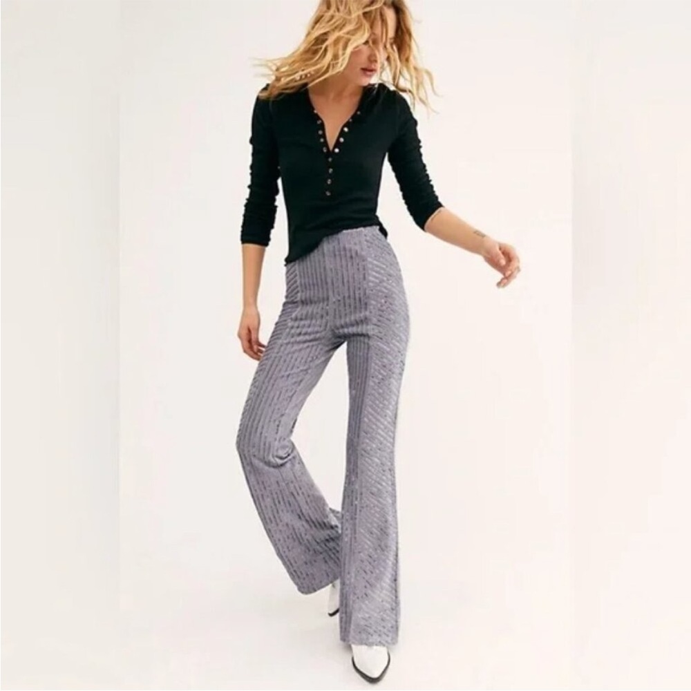 Free People Slim Pull On Velvet Flare Pants - Silver & Blue - Size Small